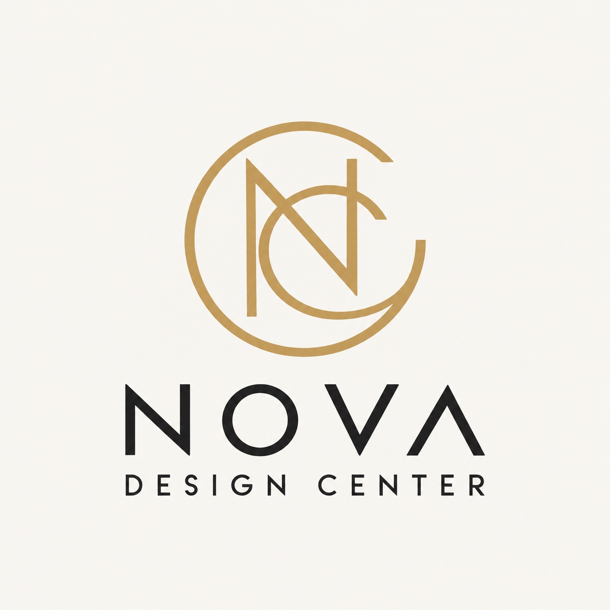 Nova Design Center Logo mit goldenem Monogramm und anthrazitfarbener Wortmarke